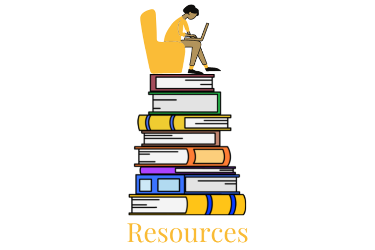 Resources Graphic person sitting on top of stack of books conducting research