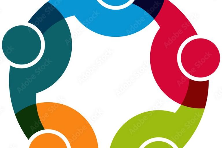A circle divided into five pigmented colors: bright blue, bright red, chartreuse green, bright orange, and turquoise blue. Viewed abstractly, it appears to be five people joined in a circle embracing one another.