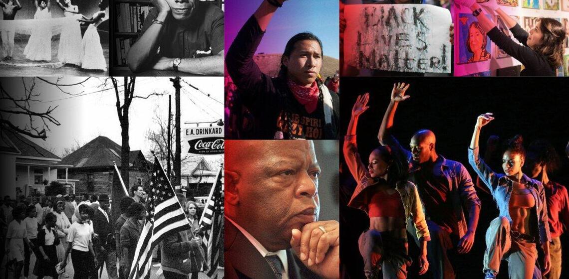 A collage of powerful images representing Black history, activism, and artistic expression