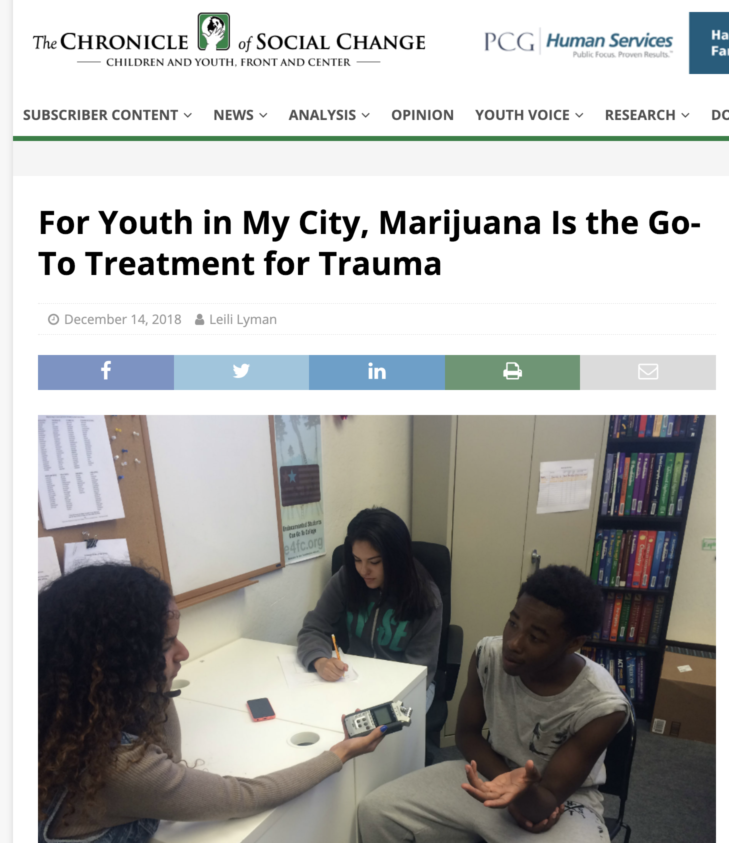 "For Youth in My City, Marijuana Is the Go-To Treatment for Trauma" A new article by Leili Lyman